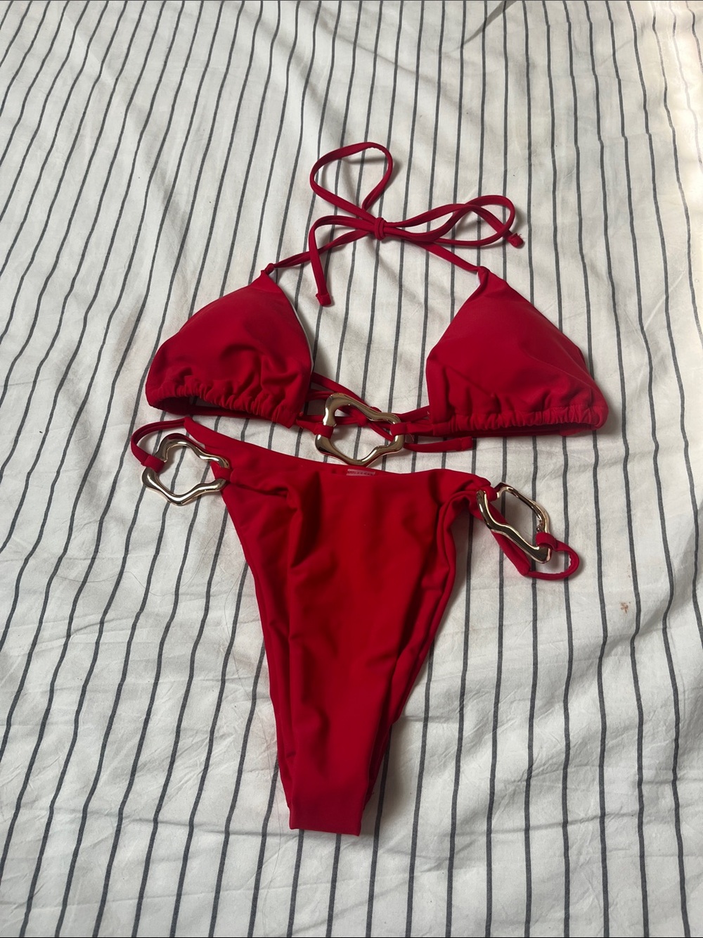 SHEIN Red Triangle Ring-Detail Bikini Set